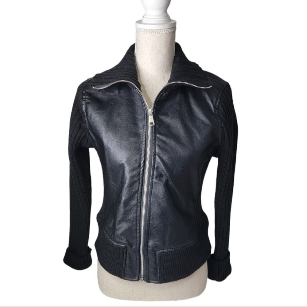 Baccini black faux leather and knit jacket Petite Medium bomber bike *